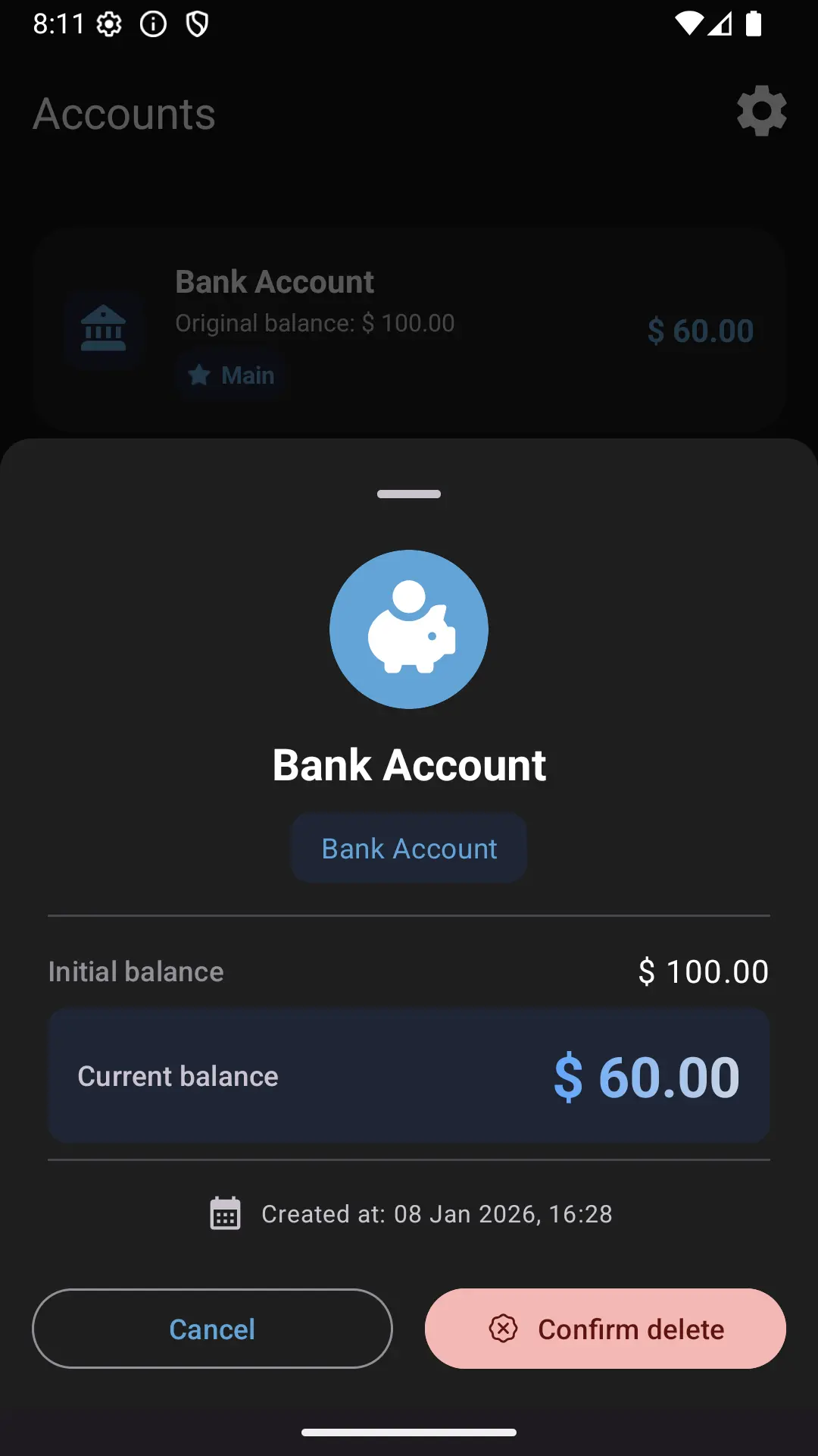 Confirming deletion of an account