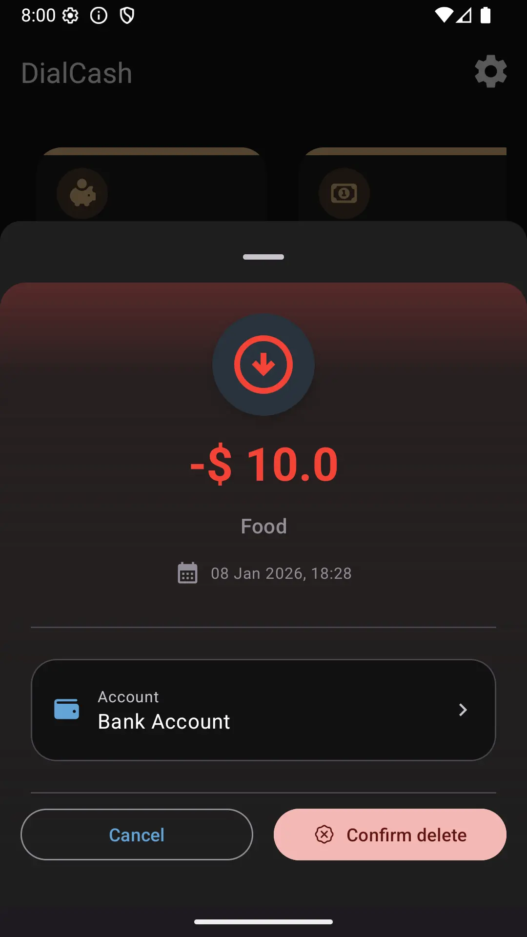 Confirming deletion of a transaction