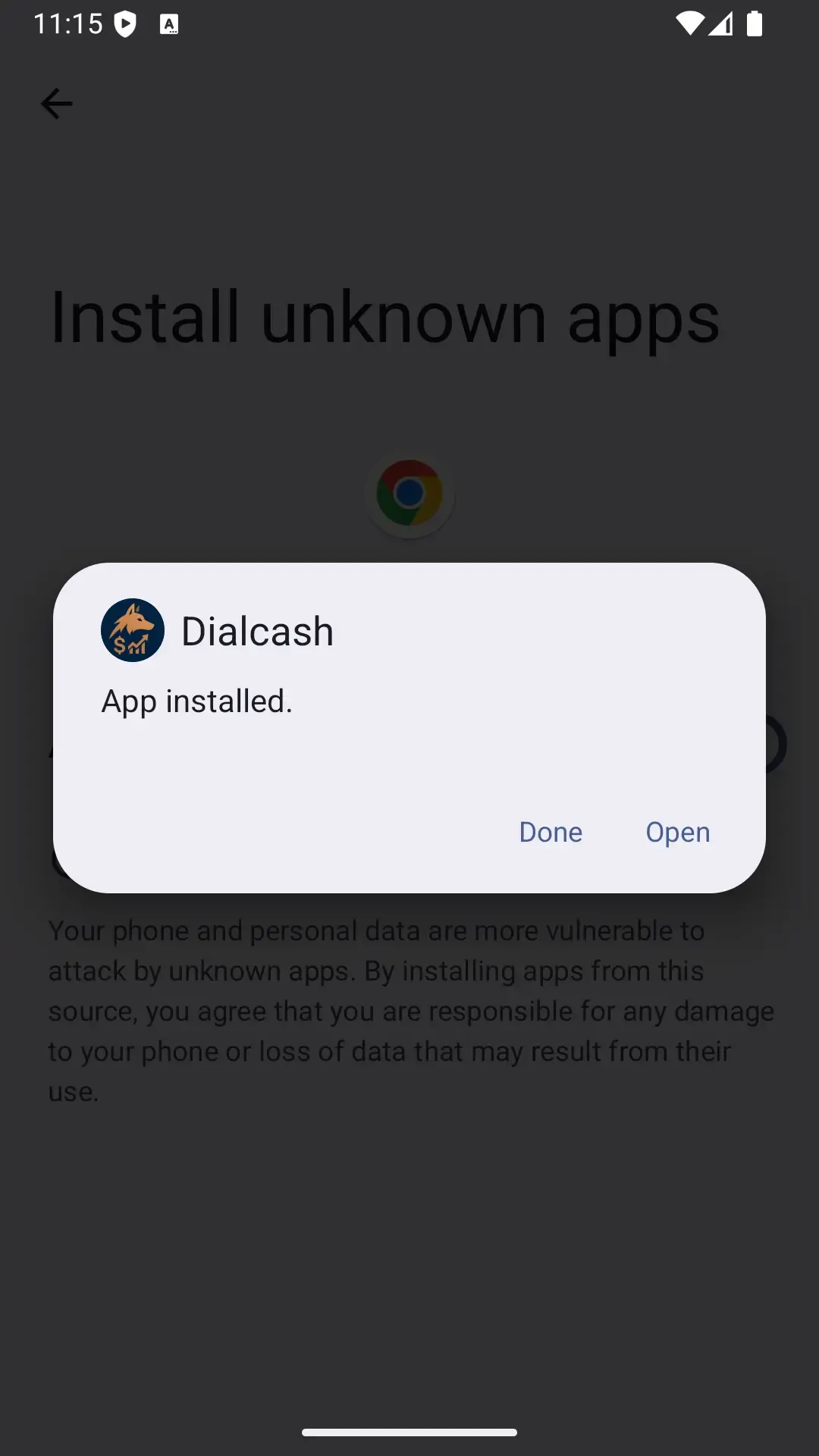 Installation complete with open button