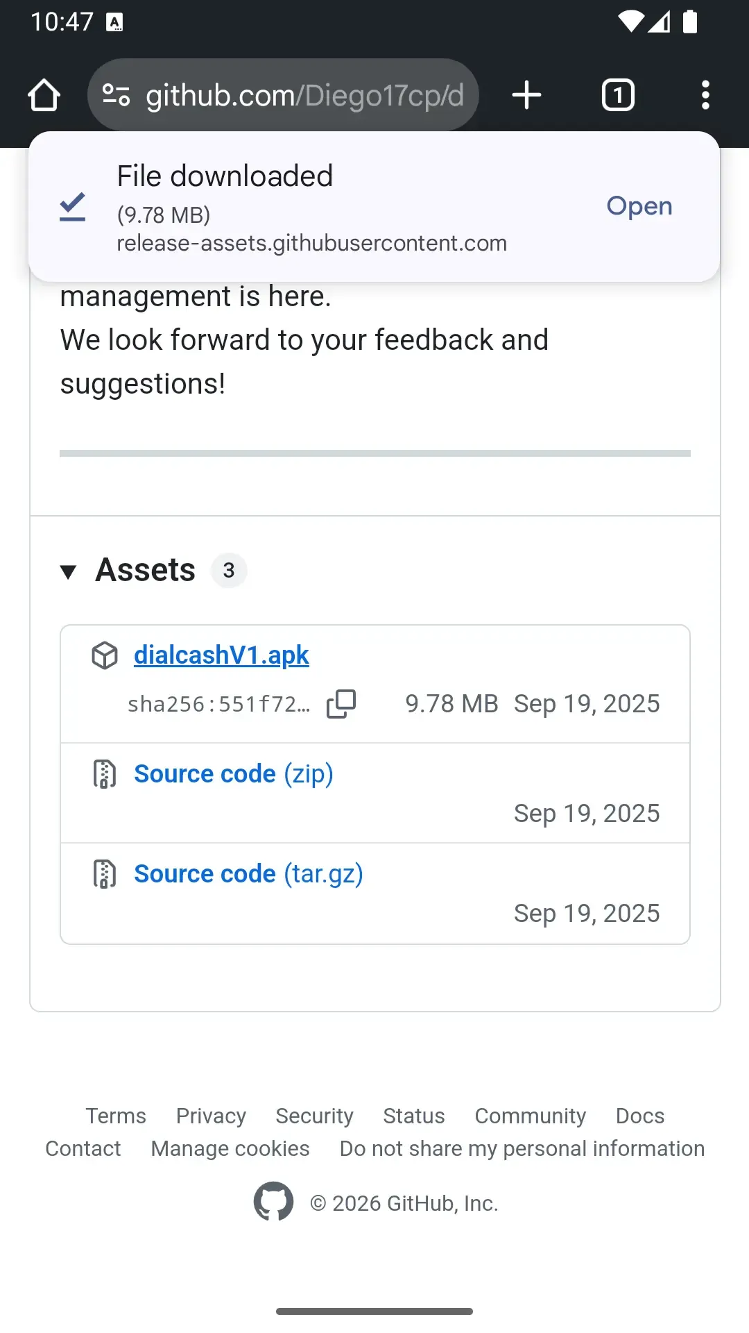 Download completed notification screen