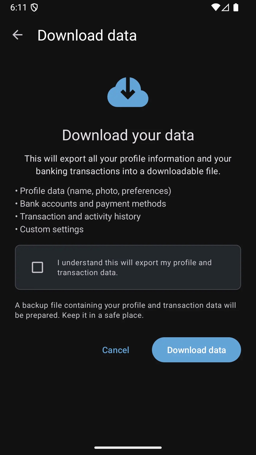 Exporting data to a backup file
