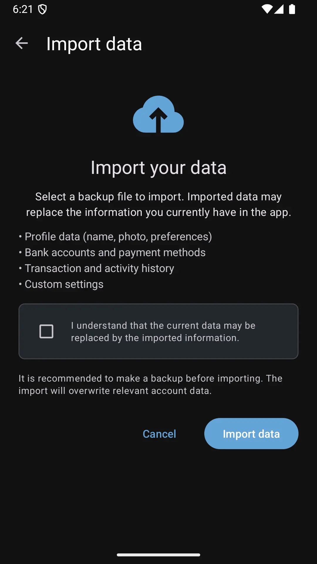Importing data from a backup file