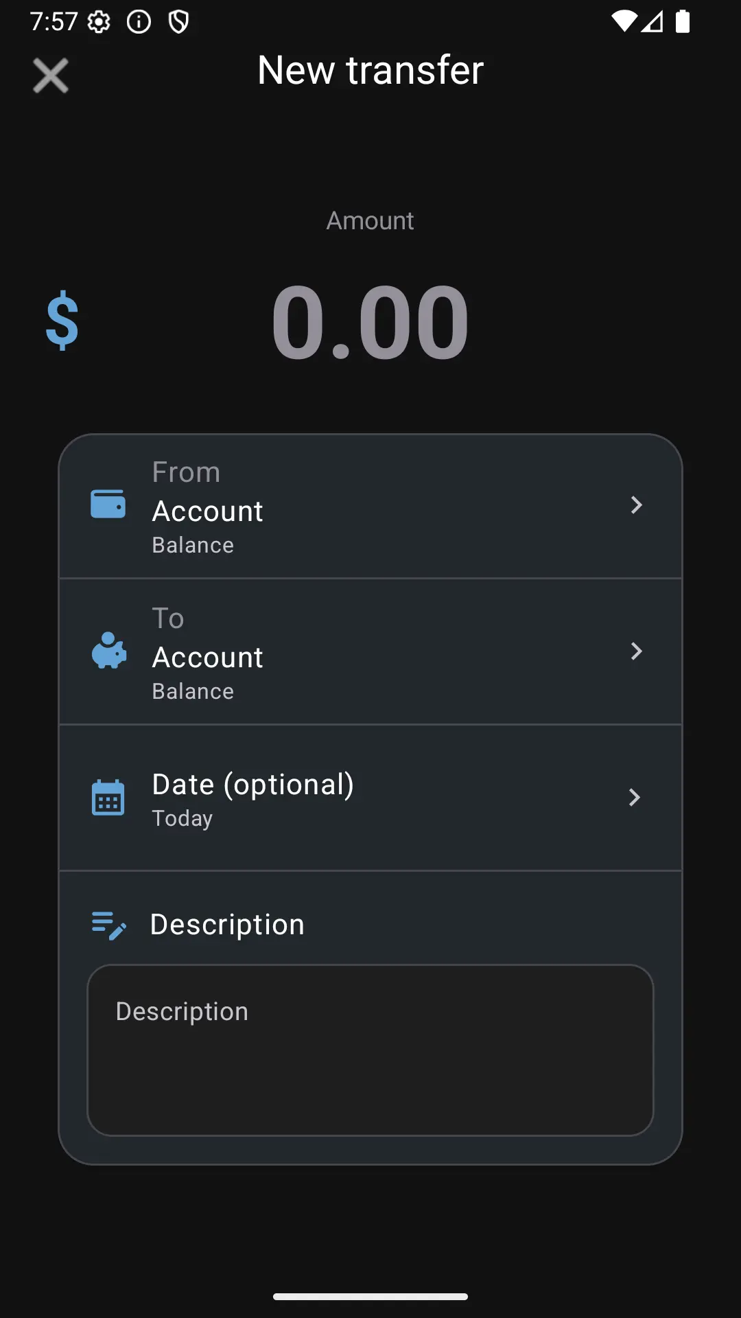 Creating a new transfer between accounts