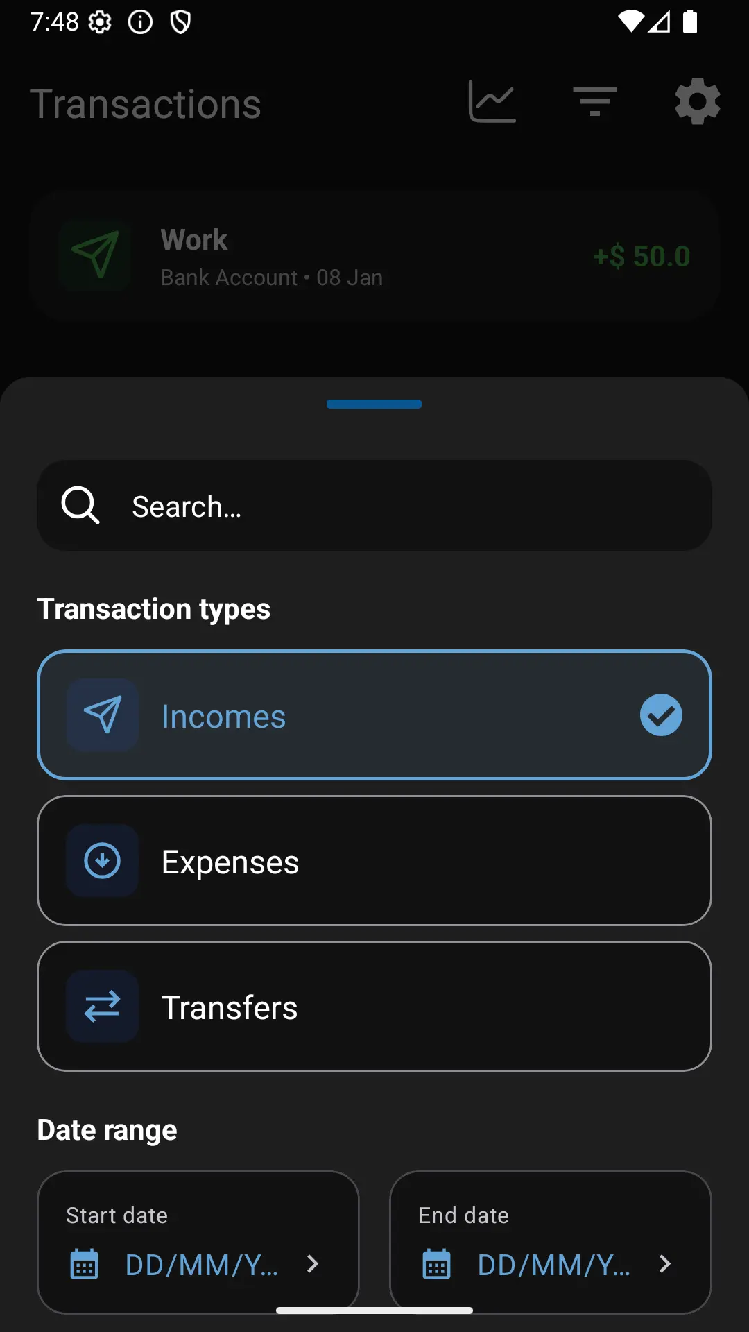Transactions list with filters shown